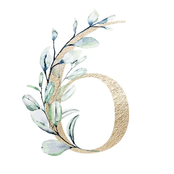 Number Hand Drawn Watercolor Floral Art Painting Design — Stock Photo, Image