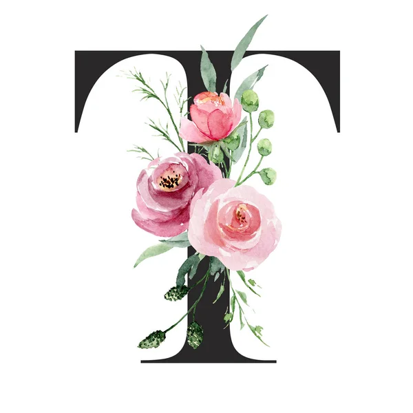 水彩画 花と葉の文字T 花のアルファベット — ストック写真