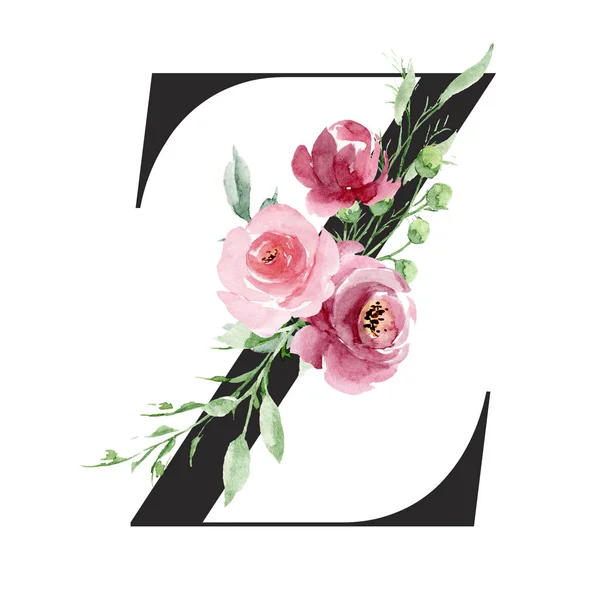 水彩画 带有花朵和叶子的字母Z 花卉字母表 — 图库照片