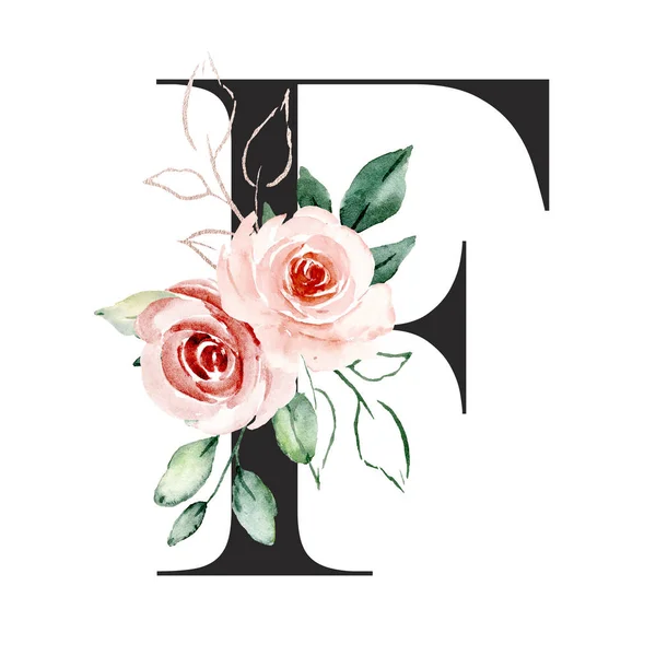 Watercolor Art Painting Letter Flowers Leaves Floral Alphabet — 스톡 사진