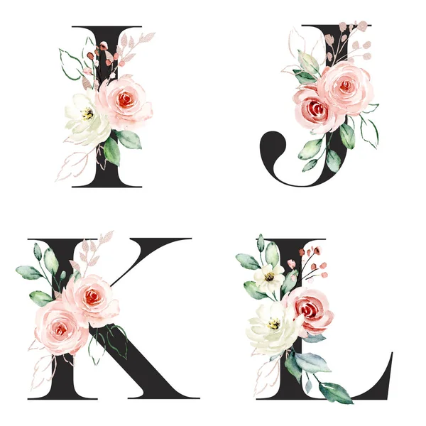 Belas Letras Conjunto Com Flores Folhas Pintura Aquarela — Fotografia de Stock