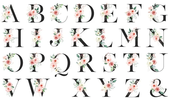 Floral Αλφάβητο Γράμματα Που Ακουαρέλα Λουλούδια Και Φύλλα — Φωτογραφία Αρχείου