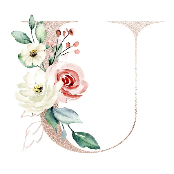 Stijlvolle Letter Met Bloeiende Bloemen Kunst Schilderen Witte Achtergrond — Stockfoto