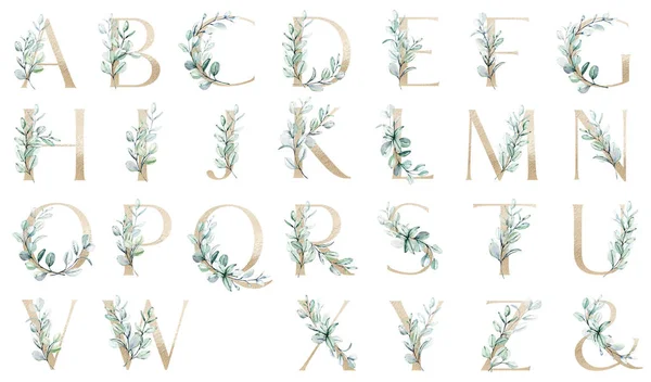 Δημιουργικό Floral Αλφάβητο Τέχνη Ακουαρέλα Ζωγραφική Γράμματα Λουλούδια Και Φύλλα — Φωτογραφία Αρχείου