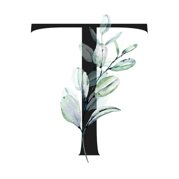 水彩画 带有花朵和叶子的字母T 花卉字母表 — 图库照片