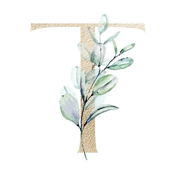 水彩画 花と葉の文字T 花のアルファベット — ストック写真