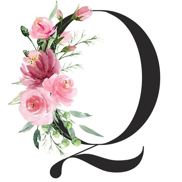 水彩画 带有花和叶子的字母Q 花卉字母表 — 图库照片