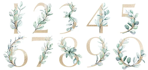 numbers set with watercolor art painting elements on white background
