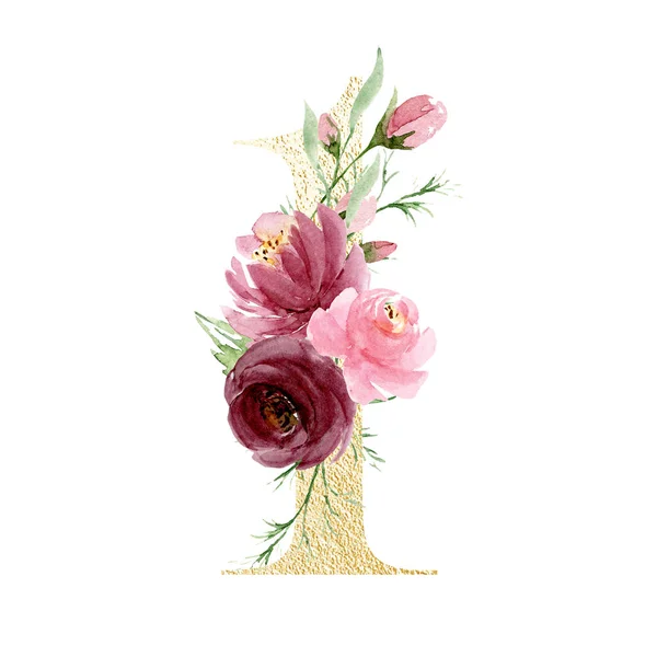 Αριθμός Ζωγραφισμένο Στο Χέρι Ακουαρέλα Floral Τέχνη Σχέδιο Ζωγραφικής — Φωτογραφία Αρχείου