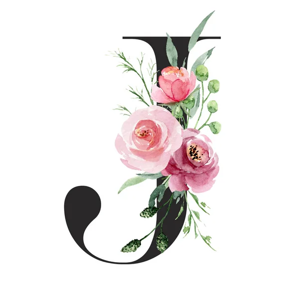 水彩画 带有花朵和叶子的字母J 花卉字母表 — 图库照片