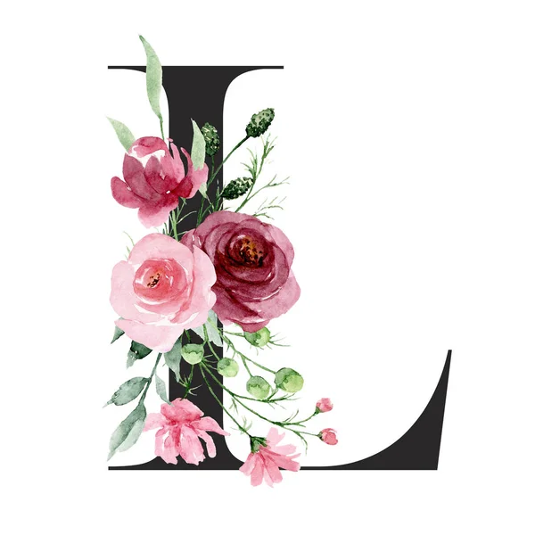 水彩画 带有花和叶子的字母L 花卉字母表 — 图库照片