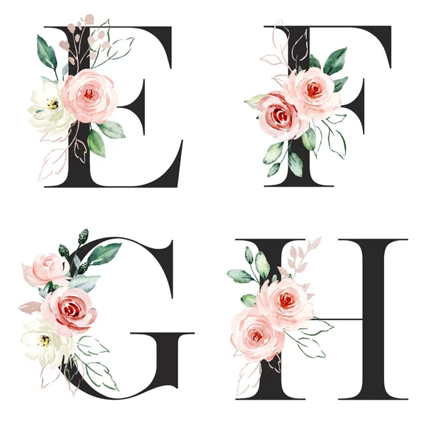 beautiful letters set with flowers and leaves, watercolor painting