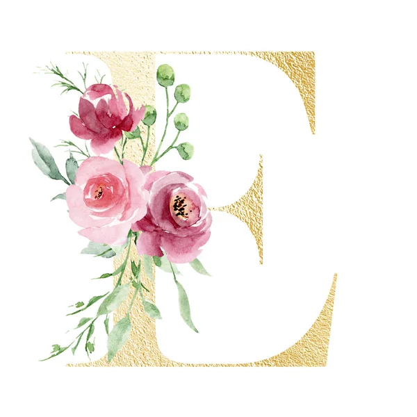 水彩画 花と葉の文字E 花のアルファベット — ストック写真