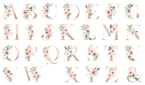 花卉字母表 带有水彩花和叶子的字母 — 图库照片