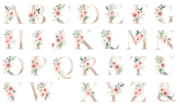 Floral alphabet, letters set with watercolor flowers and leaves
