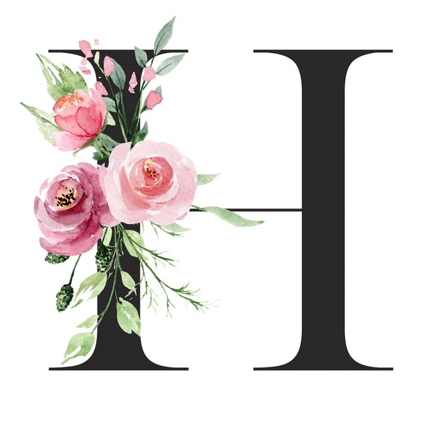 水彩画 带有花和叶子的字母H 花卉字母表 — 图库照片