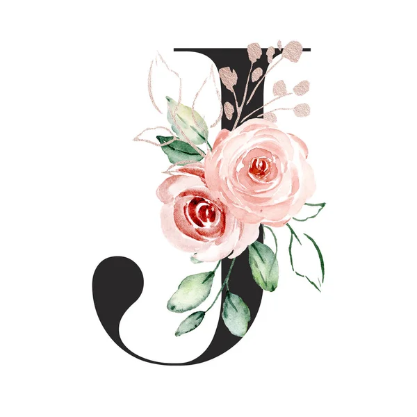 Watercolor Art Painting Letter Flowers Leaves Floral Alphabet — 스톡 사진