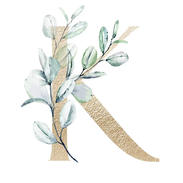 Aquarel Kunstschilderkunst Letter Met Bloemen Bladeren Bloemenalfabet — Stockfoto