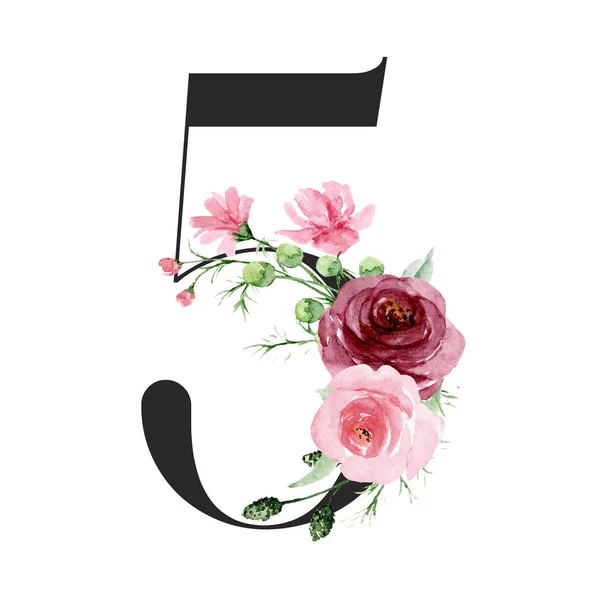 Δημιουργικός Αριθμός Λουλούδια Και Φύλλα Ζωγραφισμένα Στο Χέρι Ακουαρέλα — Φωτογραφία Αρχείου