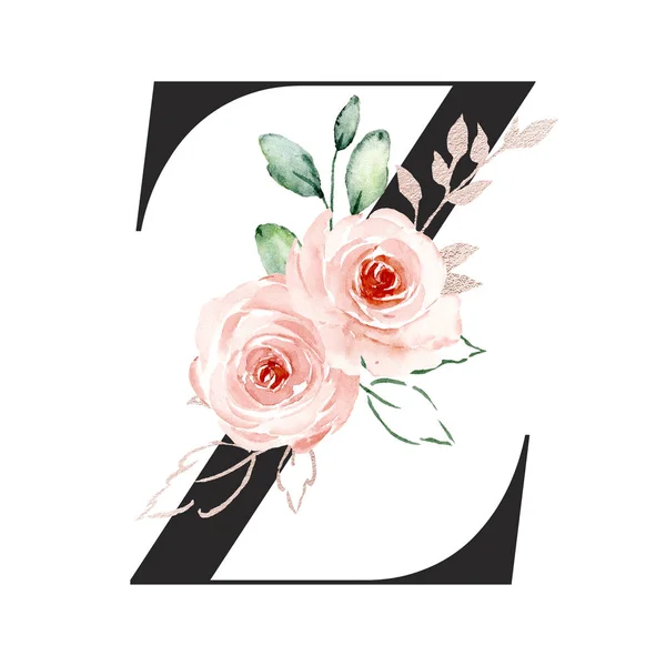 Watercolor Art Painting Letter Flowers Leaves Floral Alphabet — 스톡 사진