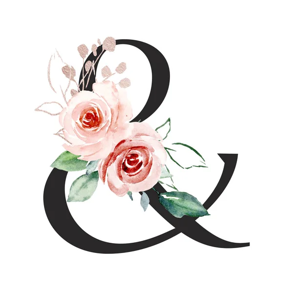 Ampersand Simbolo Sfondo Bianco Pittura Acquerello Con Fiori — Foto Stock