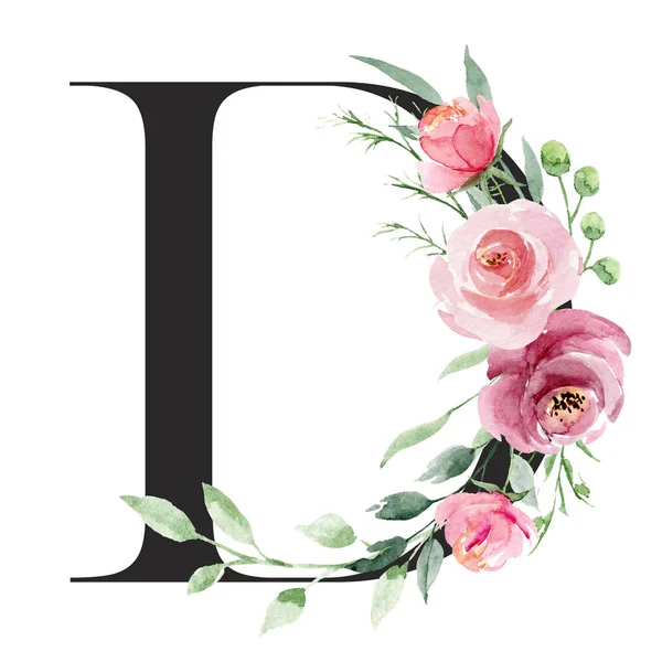 水彩画 带有花和叶子的字母D 花卉字母表 — 图库照片