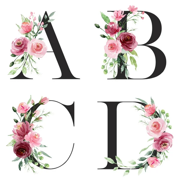 Alfabeto Floral Letras Pintura Artística Acuarela Creativa — Foto de Stock