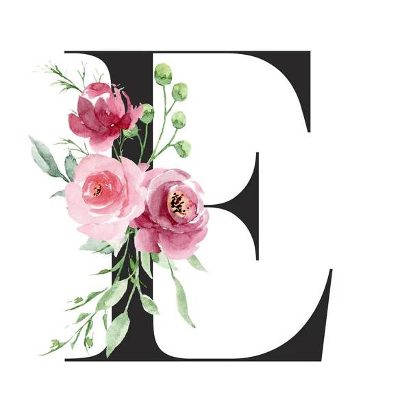 水彩画 带有花朵和叶子的字母E 花卉字母表 — 图库照片