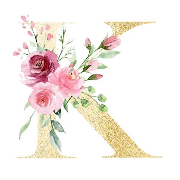 Watercolor Art Painting Letter Flowers Leaves Floral Alphabet — Stock Photo, Image