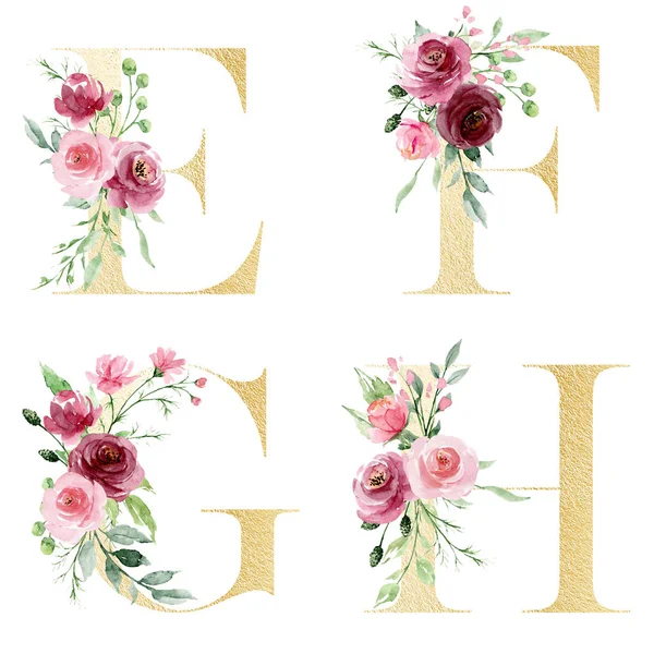 Floral alphabet, letters E, F, G, H, creative watercolor art painting