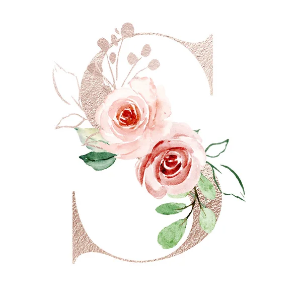 stylish letter S with blossoming flowers, art painting on white background