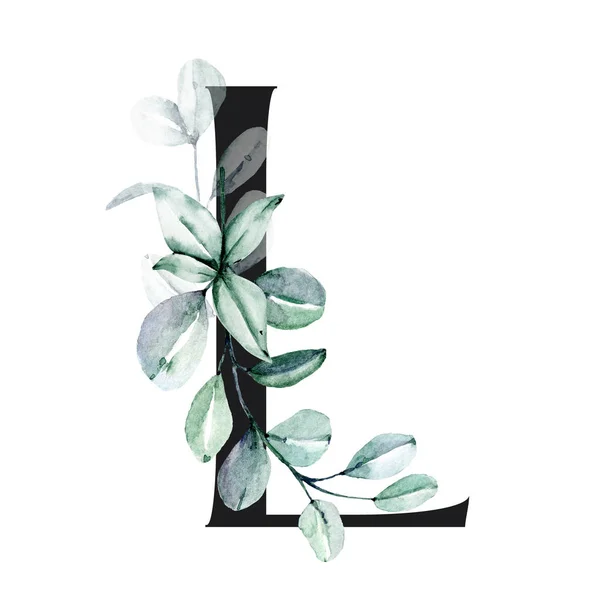 Watercolor Art Painting Letter Flowers Leaves Floral Alphabet — 스톡 사진