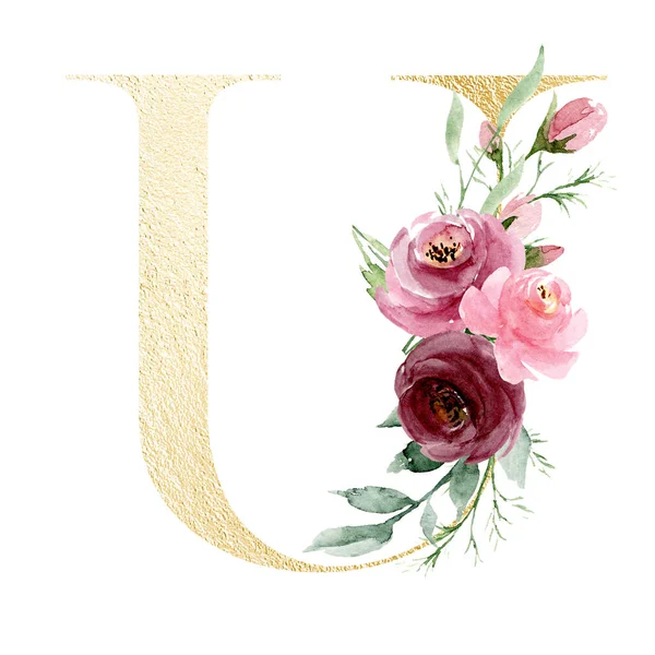 Aquarela Arte Pintura Letra Com Flores Folhas Alfabeto Floral — Fotografia de Stock