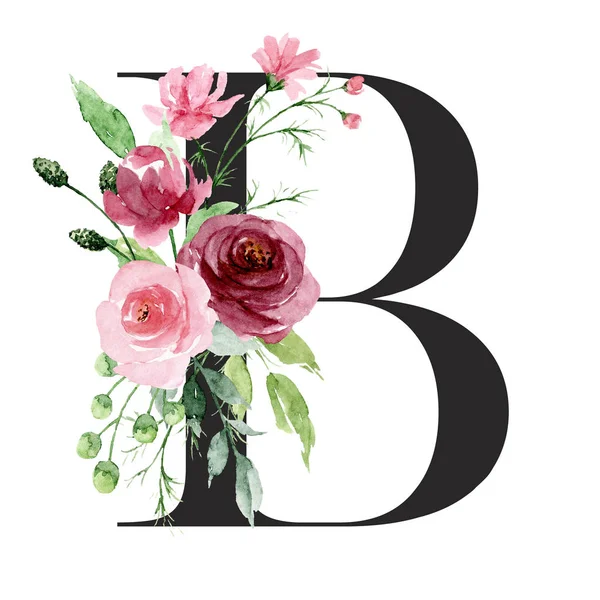 水彩画 带有花叶的字母B 花卉字母表 — 图库照片