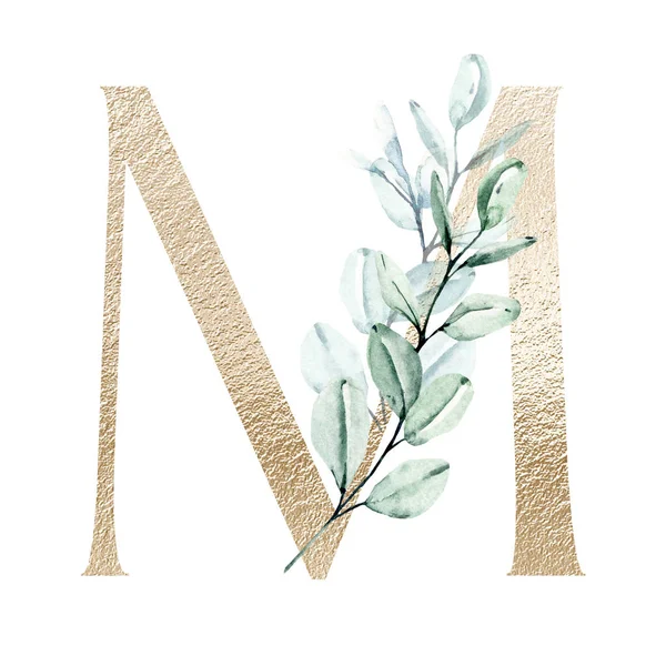 Watercolor Art Painting Letter Flowers Leaves Floral Alphabet — 스톡 사진