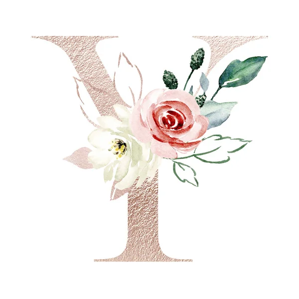 Stijlvolle Letter Met Bloeiende Bloemen Art Painting Witte Achtergrond — Stockfoto