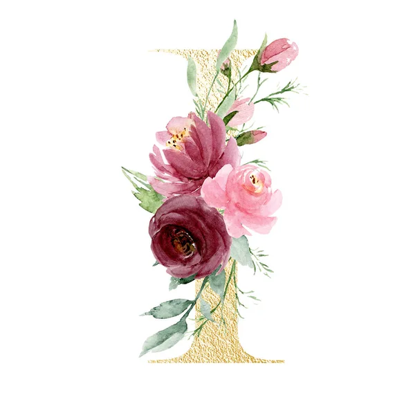 Aquarel Kunst Schilderen Letter Met Bloemen Bladeren Bloemen Alfabet — Stockfoto