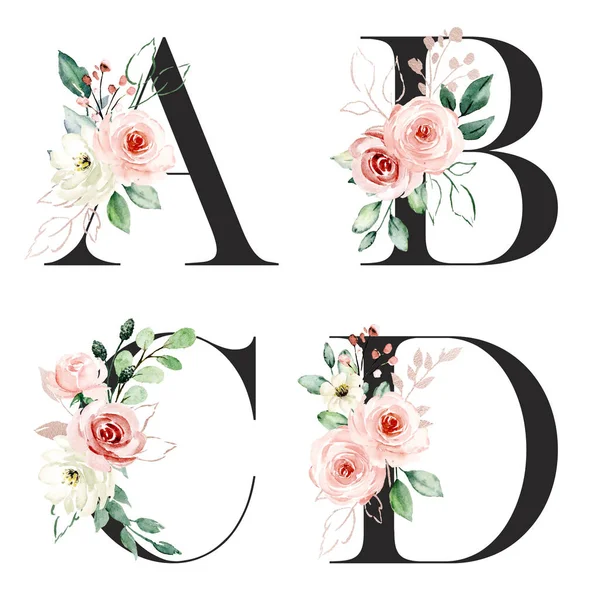 Beautiful Letters Set Flowers Leaves Watercolor Painting — Stock Photo, Image