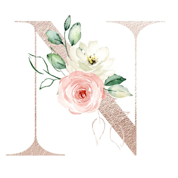 n letter, cute watercolor painting on white background