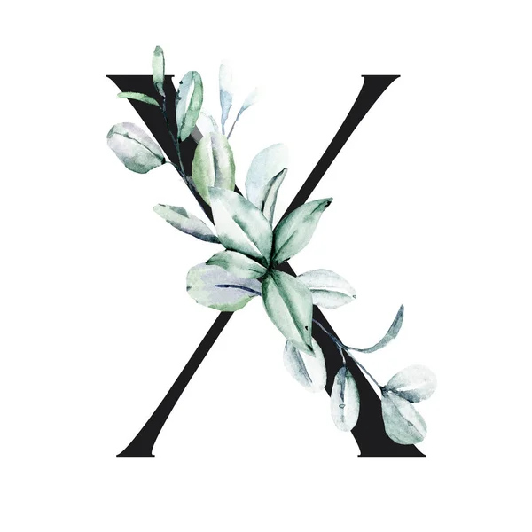 Watercolor Art Painting Letter Flowers Leaves Floral Alphabet — 스톡 사진