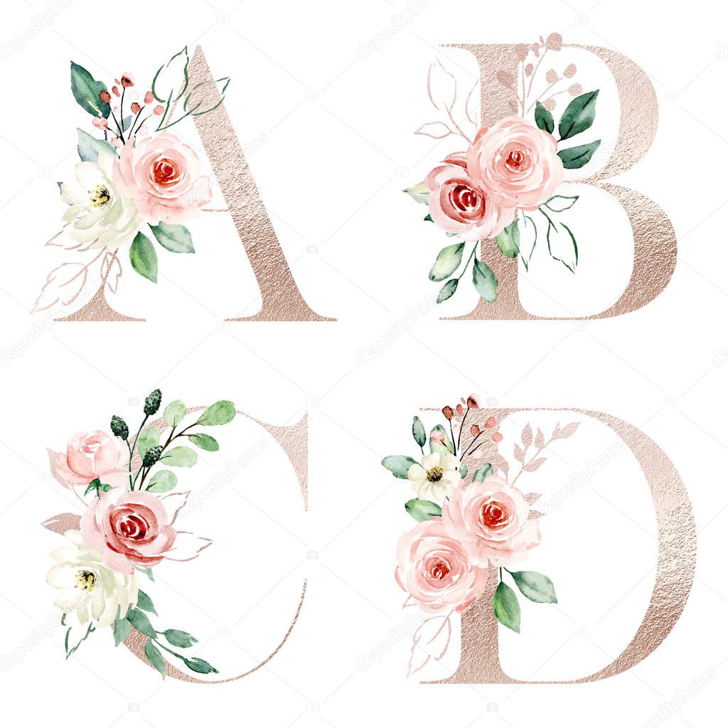 hand drawn watercolor art painting, stylish letters with blossoming flowers