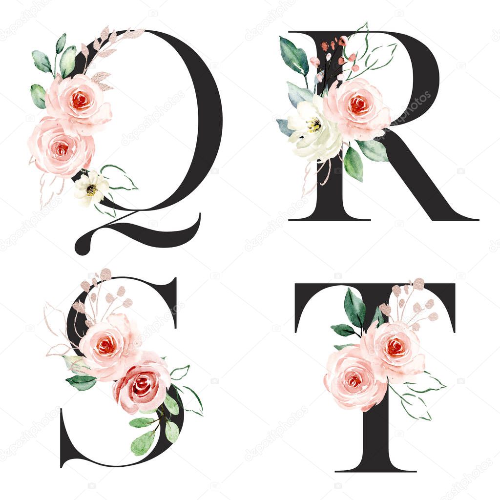 beautiful letters set with flowers and leaves, watercolor painting