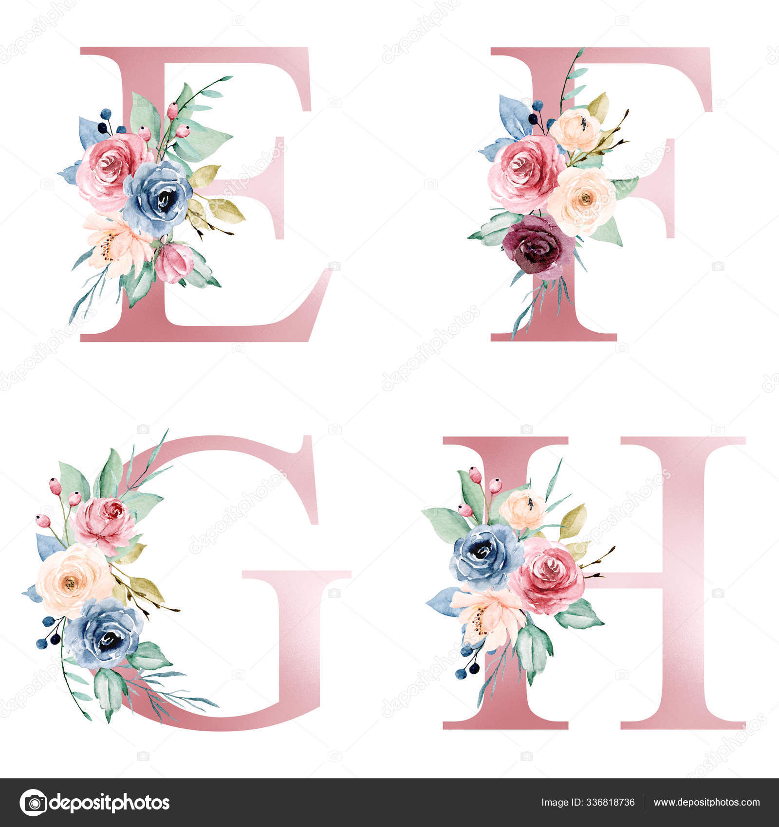 Watercolor floral monogram, letter - classic blue decorated with