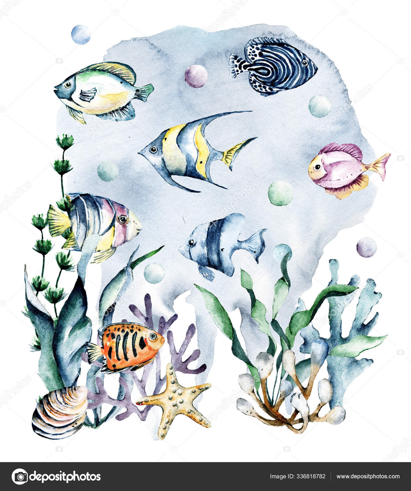 Fish Watercolor Cartoon Sea Landscape Underwater Animals Ocean Life Perfectly Stock Photo By ©Maslovalarisa 336818782