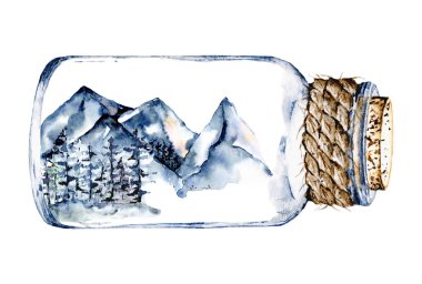 glass jar with snowy mountains and trees inside, watercolor drawing concept 