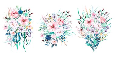 Bahar çiçekleri beyaz arka planda suluboya buketler, el boyası.