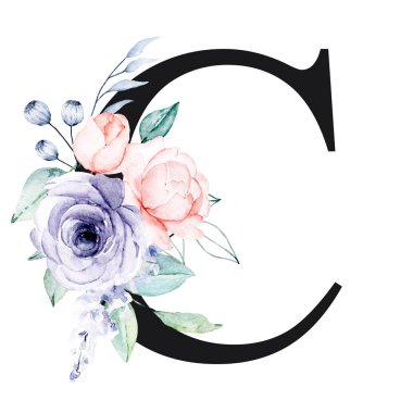 Suluboya çiçekli ve yapraklı güzel bir C harfi.