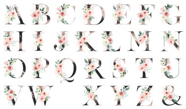 Floral alphabet, letters set with watercolor flowers and leaves