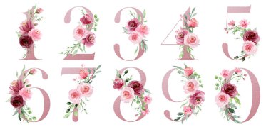 numbers set with watercolor art painting elements on white background