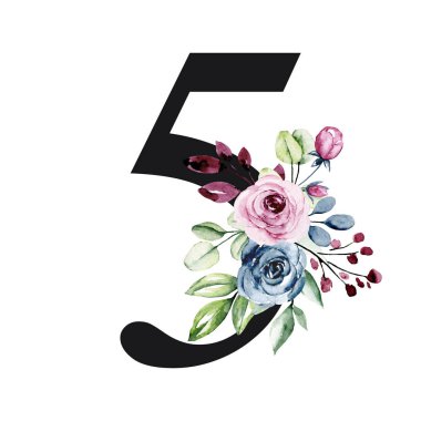 number 5 on white background, with flowers and leaves made with watercolor, floral monogram